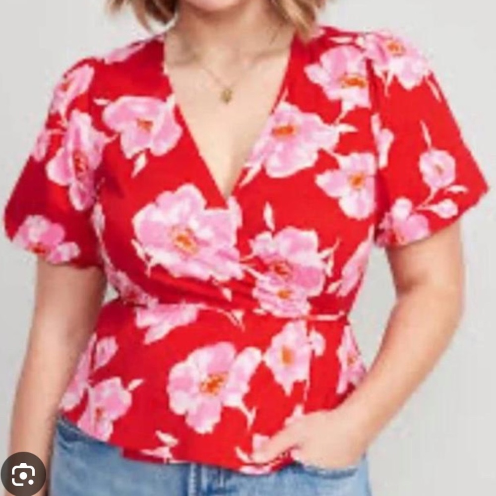 Old Navy Floral Red Wrap Top XXL Feminine Summer Cute Plus Preppy NWT